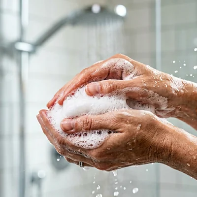 Mousse de gel douche en utilisation