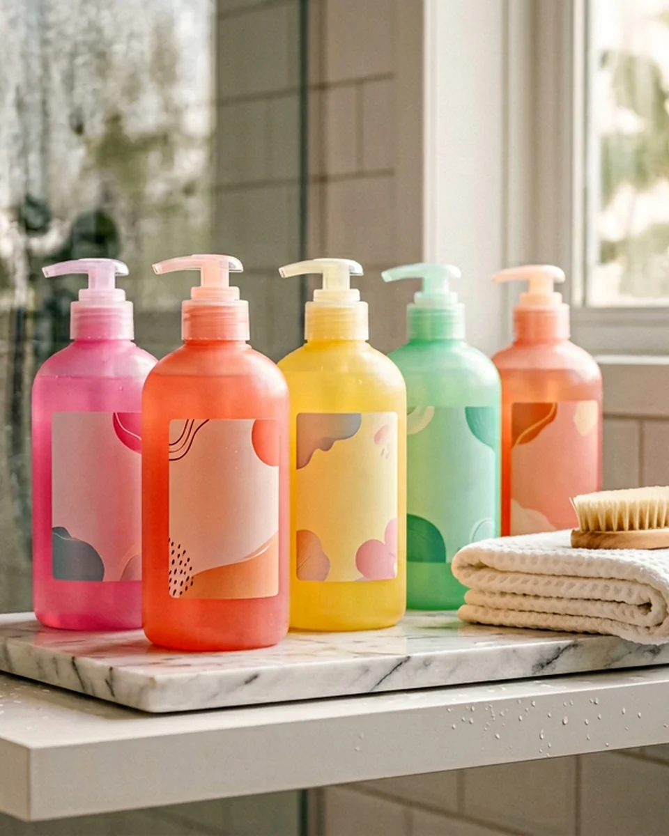 Gels douche colorés, ambiance gourmande et salle de bain lumineuse