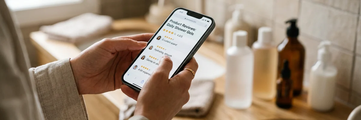 Personne lisant des avis sur téléphone près de produits de bain