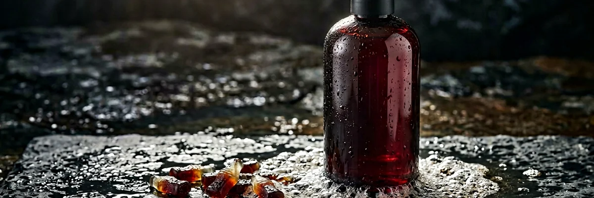 Gel douche foncé rappelant le cola et les bonbons