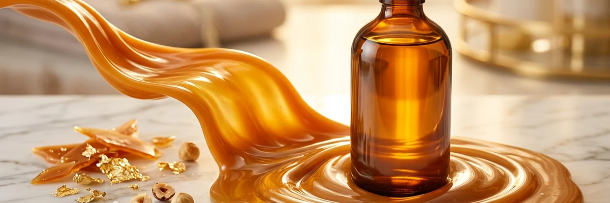Caramel coulant doré et flacon de gel douche ambré