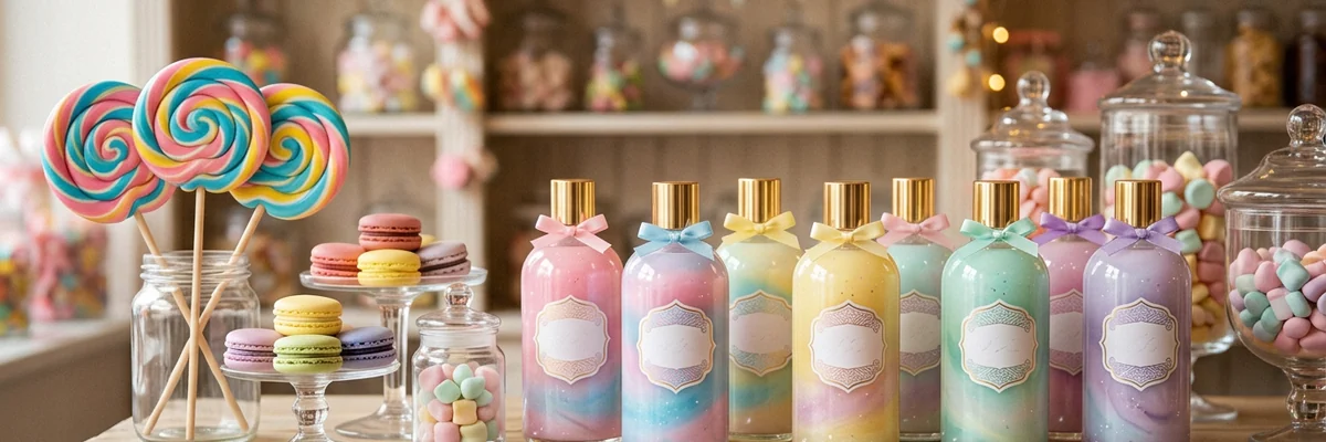 Flacons colorés gels douche style confiserie sur fond clair