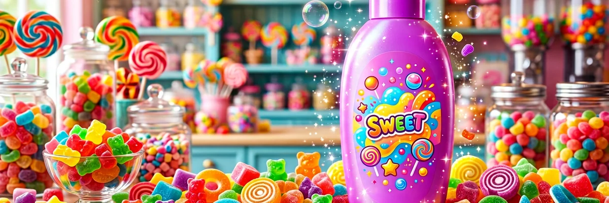 Bonbons multicolores type dragibus et gel douche vif