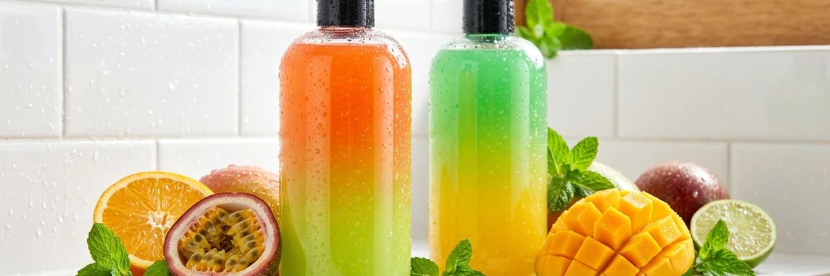 Bouteilles de gels tropicaux orange et vert